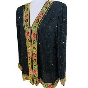 Vintage Lawrence Kazar New York  XL Beaded Sequins 100% Silk Jacket Long Sleeve